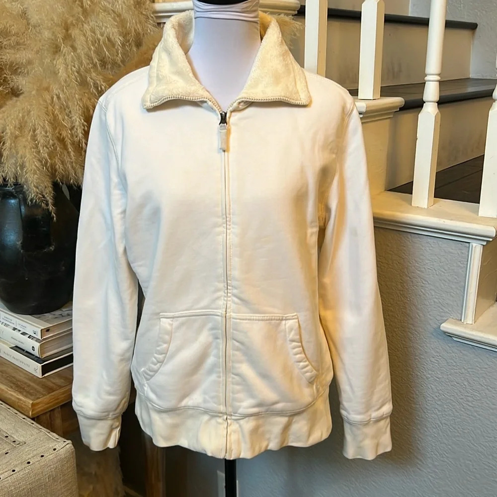 L.L. Bean Full Zip Cotton Stretch Jacket Ivory Fleece Lined Pockets Size Large